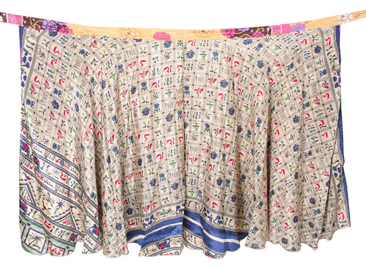 Sushila Vintage Art Silk Saree Magic Wrap Beige Reversible Skirt Beach Dress