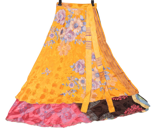 Sushila Vintage Art Silk Saree Magic Wrap Reversible Skirt Yellow Pink Dress