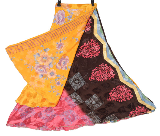 Sushila Vintage Art Silk Saree Magic Wrap Reversible Skirt Yellow Pink Dress