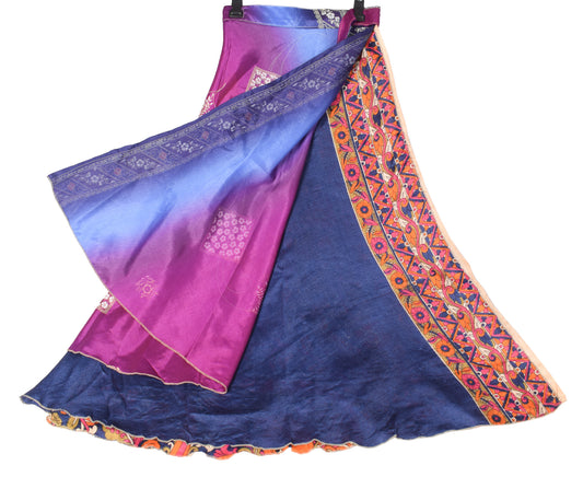 Sushila Vintage Art Silk Saree Magic Wrap Reversible Skirt Beach Dress Purple Blue