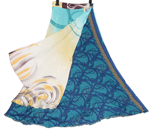 Sushila Vintage Magic Wrap Reversible Skirt Beach Dress Teal Green Art Silk Saree