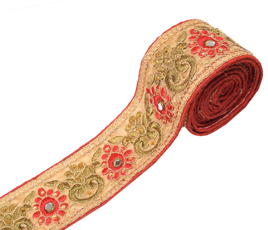 Sushila Vintage Indian Saree Border Craft Sewing Trim Beige Embroidered Ribbon