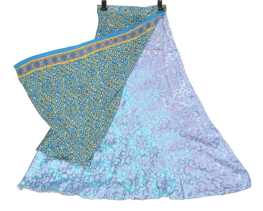 Sushila Vintage Aqua Art Silk Saree Magic Wrap Reversible Skirt Beach Dress Boho