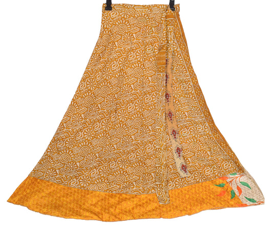 Sushila Vintage Yellow Art Silk Saree Magic Wrap Reversible Skirt Beach Dress