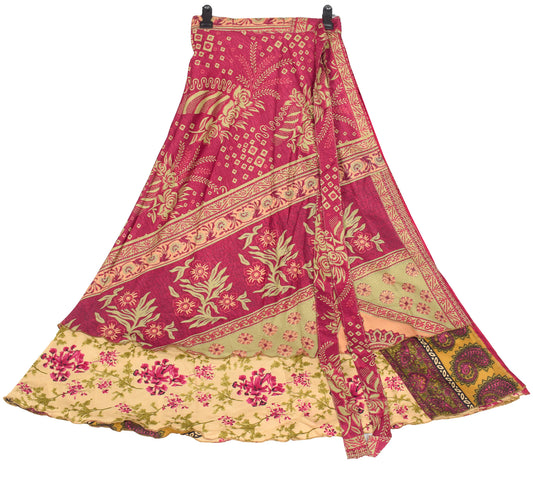 Sushila Vintage Art Silk Saree Magic Wrap Reversible Skirt Floral Beige Beach Dress