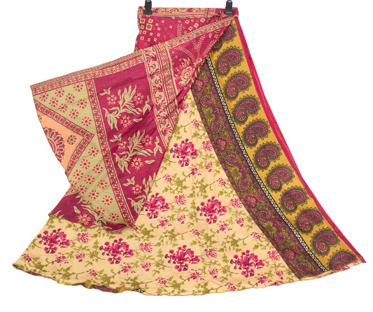 Sushila Vintage Art Silk Saree Magic Wrap Reversible Skirt Floral Beige Beach Dress