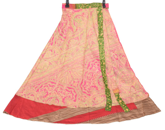 Sushila Vintage Red Art Silk Saree Magic Wrap Reversible Skirt 2 Layer Beach Dress