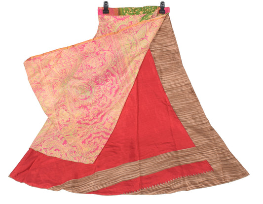 Sushila Vintage Red Art Silk Saree Magic Wrap Reversible Skirt 2 Layer Beach Dress