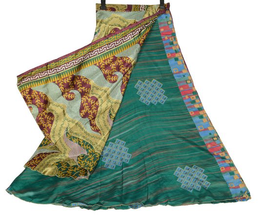 Sushila Vintage Art Silk Saree Magic Wrap Dark Green Reversible Skirt Beach Dress