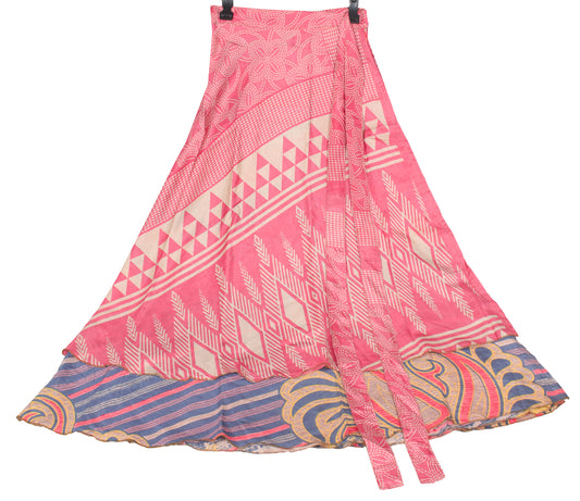 Sushila Vintage Art Silk Saree Magic Wrap Pink Reversible Skirt Beach Dress