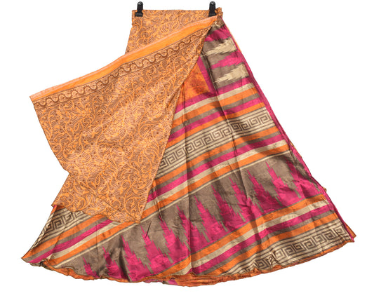 Sushila Vintage Rust Art Silk Saree Magic Wrap Reversible Skirt Floral Beach Dress