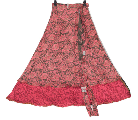 Sushila Vintage Floral Art Silk Saree Magic Wrap Reversible Skirt Black Beach Dress