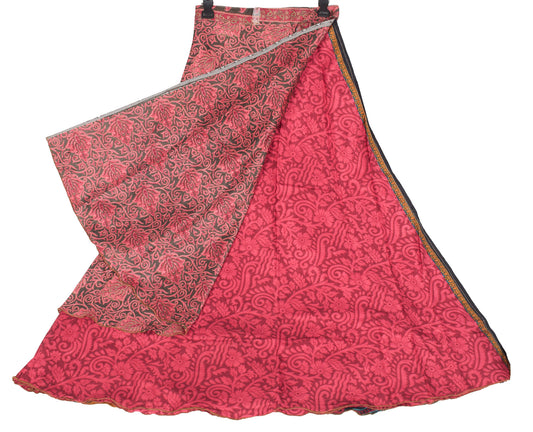 Sushila Vintage Floral Art Silk Saree Magic Wrap Reversible Skirt Black Beach Dress