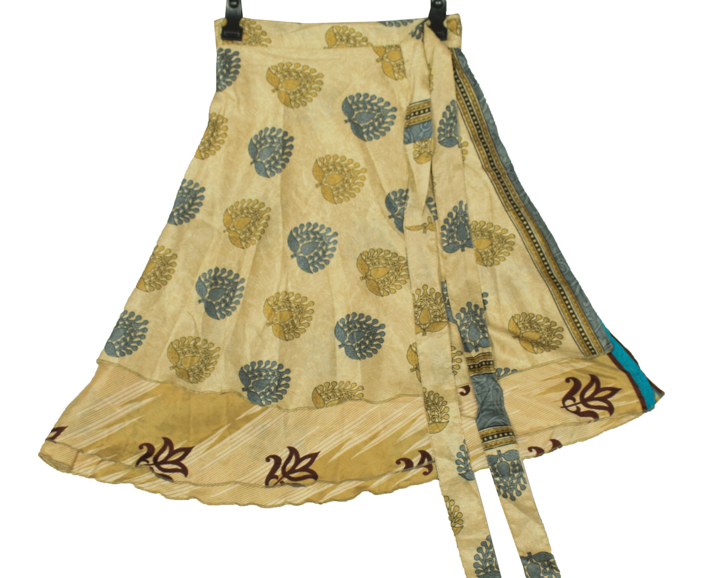 Sushila Vintage Mini Wrap Magic Skirt Art Silk Sari Reversible Beige Beach Dress