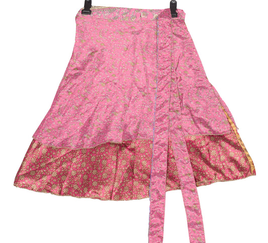 Sushila Vintage Pink Mini Wrap Magic Skirt Art Silk Sari Reversible Beach Dress