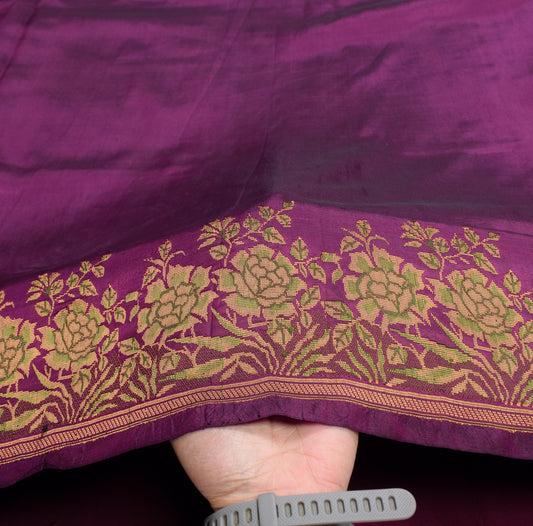 Sushila Vintage Woven Floral Sari Remnant Scrap Pure Silk Purple 5YD Craft Fabric
