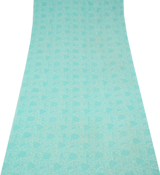 Sushila Vintage Light Aqua Sari Remnant Scrap Pure Georgette Printed Craft Fabric