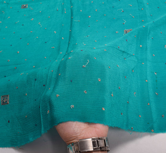 Sushila Vintage Teal Blue Sari Remnant Scrap Embroidered Pure Chiffon Craft Fabric