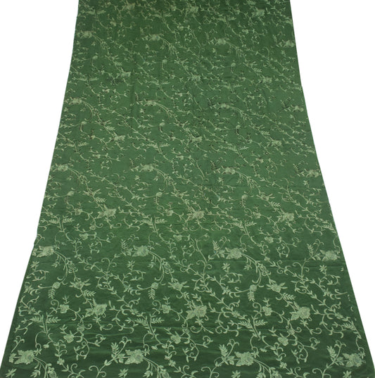 Sushila Vintage Henna Green Sari Remnant Scrap Embroidered Pure Crepe Craft Fabric