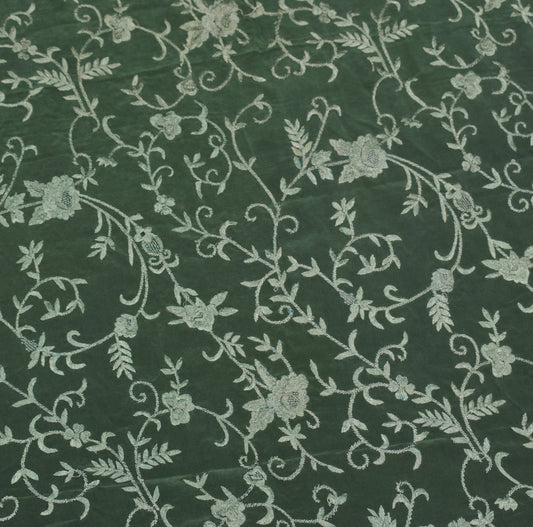 Sushila Vintage Henna Green Sari Remnant Scrap Embroidered Pure Crepe Craft Fabric