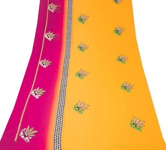 Sushila Vintage Magenta Yellow Sari Remnant Scrap Embroidered Craft Fabric