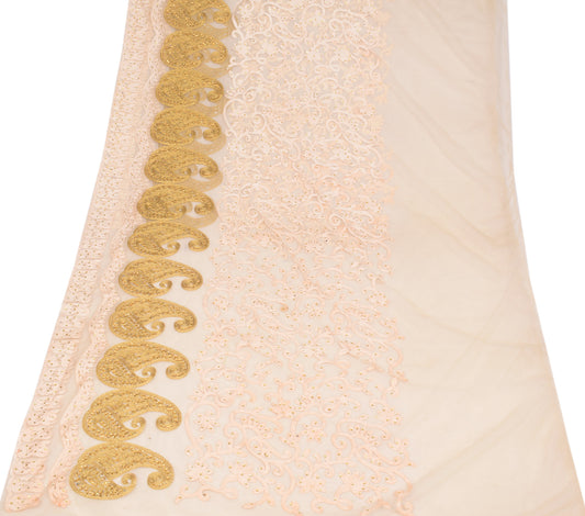 Sushila Vintage Embroidered Sari Remnant Scrap Cream Net Craft Fabric