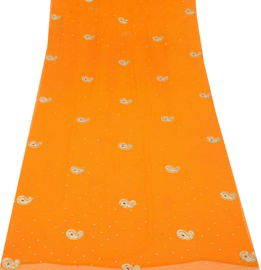 Sushila Vintage Embroidered Sari Remnant Scrap Orange Art Georgette Craft Fabric