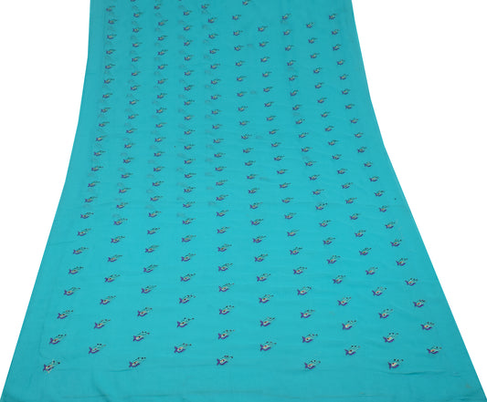 Sushila Vintage Embroidered Sari Remnant Scrap Aqua Blue Art Chiffon Craft Fabric