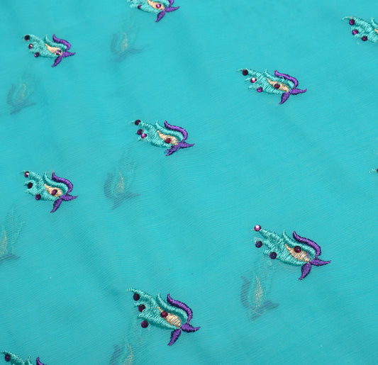 Sushila Vintage Embroidered Sari Remnant Scrap Aqua Blue Art Chiffon Craft Fabric