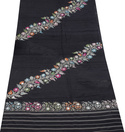 Sushila Vintage Hand Woven Sari Remnant Scrap Black Pure Silk 5YD Craft Fabric