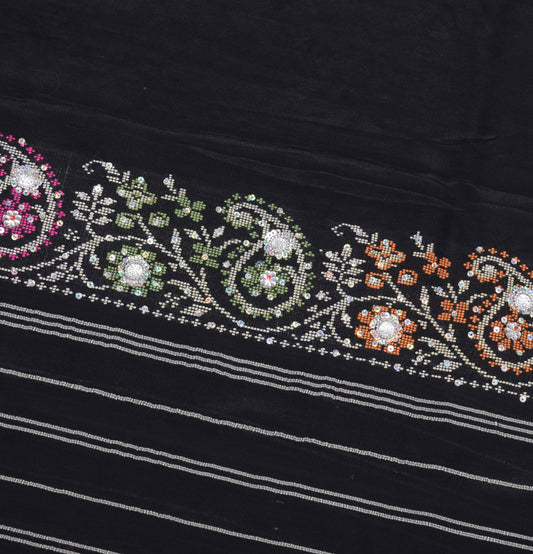 Sushila Vintage Hand Woven Sari Remnant Scrap Black Pure Silk 5YD Craft Fabric
