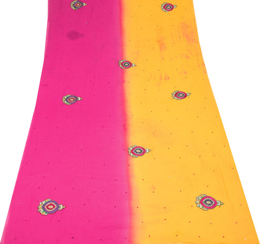 Sushila Vintage Magenta Applique Sari Remnant Scrap pure Georgette Craft Fabric