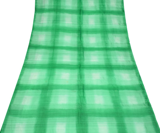 Sushila Vintage Green Checks Sari Remnant Scrap Pure Silk Tie-Dye Craft Fabric