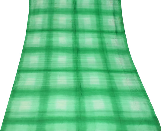 Sushila Vintage Green Checks Sari Remnant Scrap Pure Silk Tie-Dye Craft Fabric