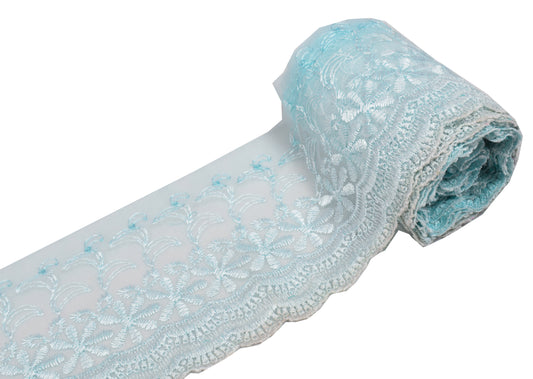 Sushila Vintage Aqua Saree Border Craft Sewing Trim Embroidered Net Lace