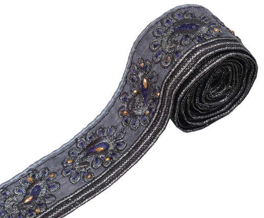 Sushila Vintage Gray Art Silk Saree Border Craft Sewing Trim Embroidered Lace
