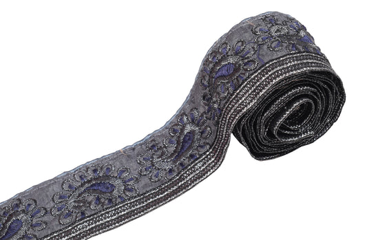 Sushila Vintage Gray Art Silk Saree Border Craft Sewing Trim Embroidered Lace