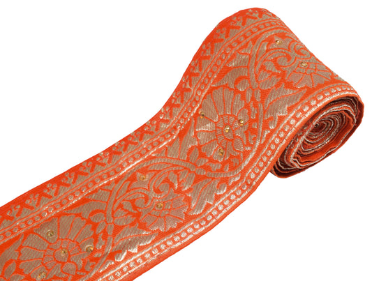 Sushila Vintage Orange Saree Border Silk Craft Sewing Trim Brocade Lace