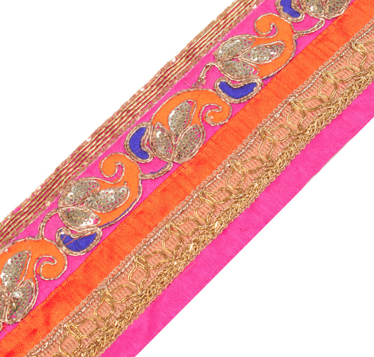 Sushila Vintage Patch Work Saree Border Craft Sewing Trim Magenta Silk Lace