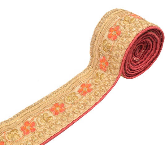 Sushila Vintage Beige Embroidered Saree Border Craft Sewing Trim Silk Lace