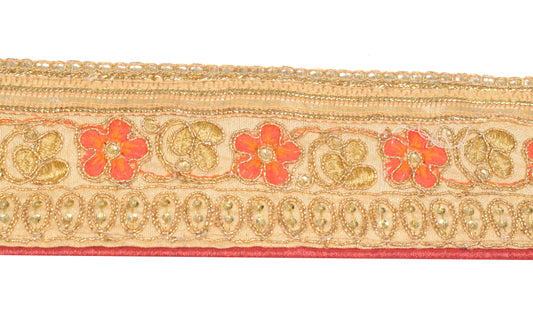 Sushila Vintage Beige Embroidered Saree Border Craft Sewing Trim Silk Lace