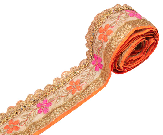 Sushila Vintage Embroidered Beige Saree Border Craft Sewing Trim Silk Ribbon Lace