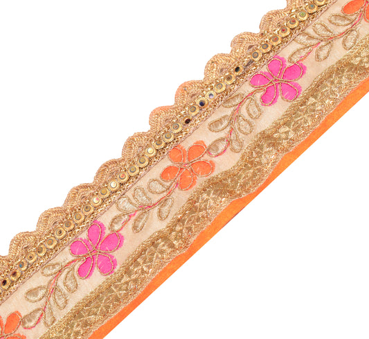 Sushila Vintage Embroidered Beige Saree Border Craft Sewing Trim Silk Ribbon Lace
