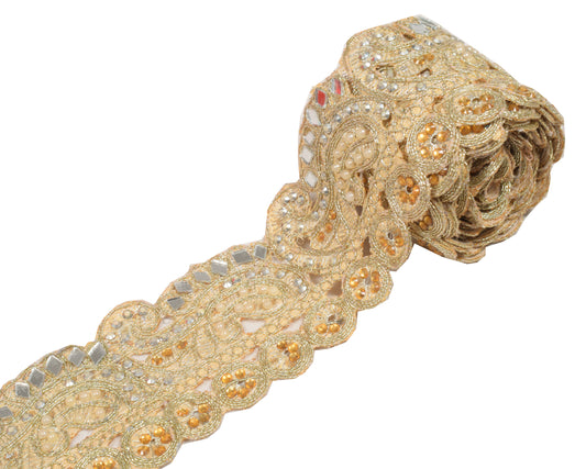 Sushila Vintage Golden Cutwork Saree Border Craft Sewing Trim Mirror Work Lace