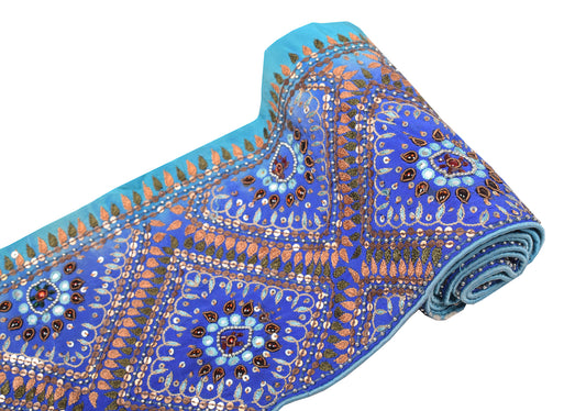 Sushila Vintage Blue Saree Border Craft Sewing Trim Hand Beaded Lace