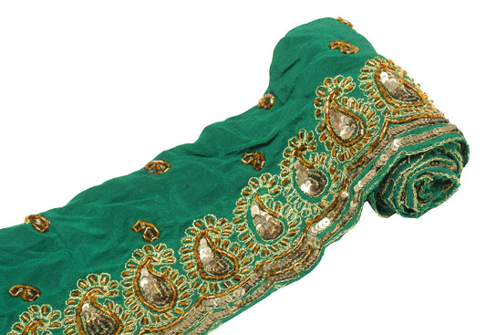 Sushila Vintage Green Saree Border Crepe Craft Sewing Trim Glass Beads Lace
