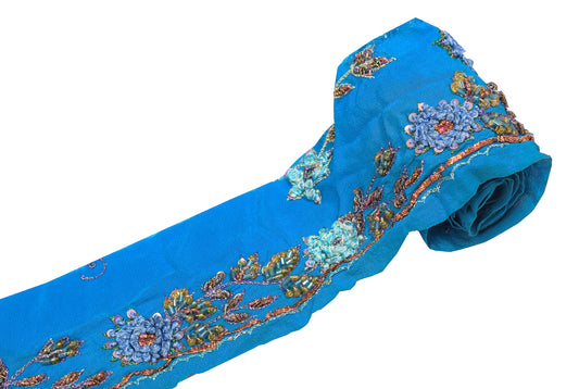 Sushila Vintage Turquoise Saree Border Crepe Craft Sewing Trim Hand Beaded Lace