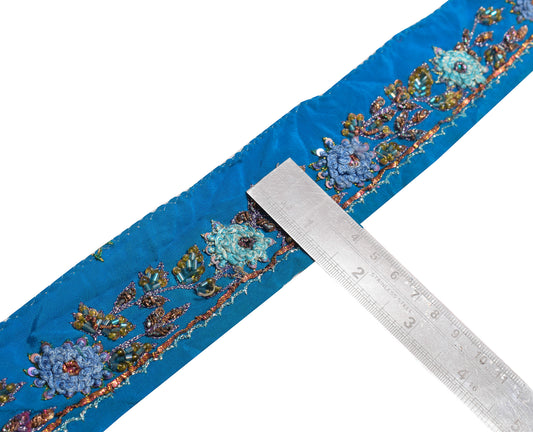 Sushila Vintage Turquoise Saree Border Crepe Craft Sewing Trim Hand Beaded Lace