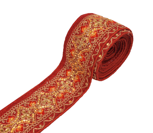 Sushila Vintage Red Saree Border Craft Sewing Trim Stone Beaded Lace Ribbon