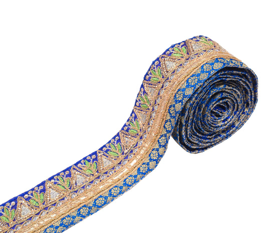 Sushila Vintage Blue Saree Border Craft Sewing Trim Art Silk Embroidered Lace
